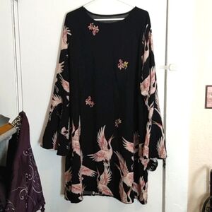 Shein Crane Long Flair Sleeve Midi Dress Black And Pink Women's Size 4XL